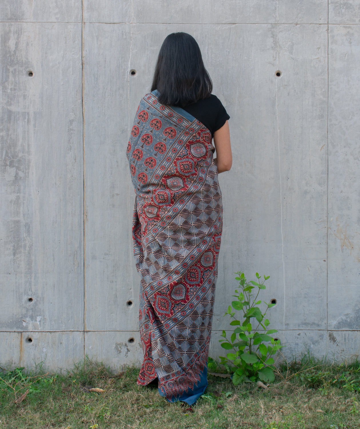 Ajrakh cotton hand block printed saree