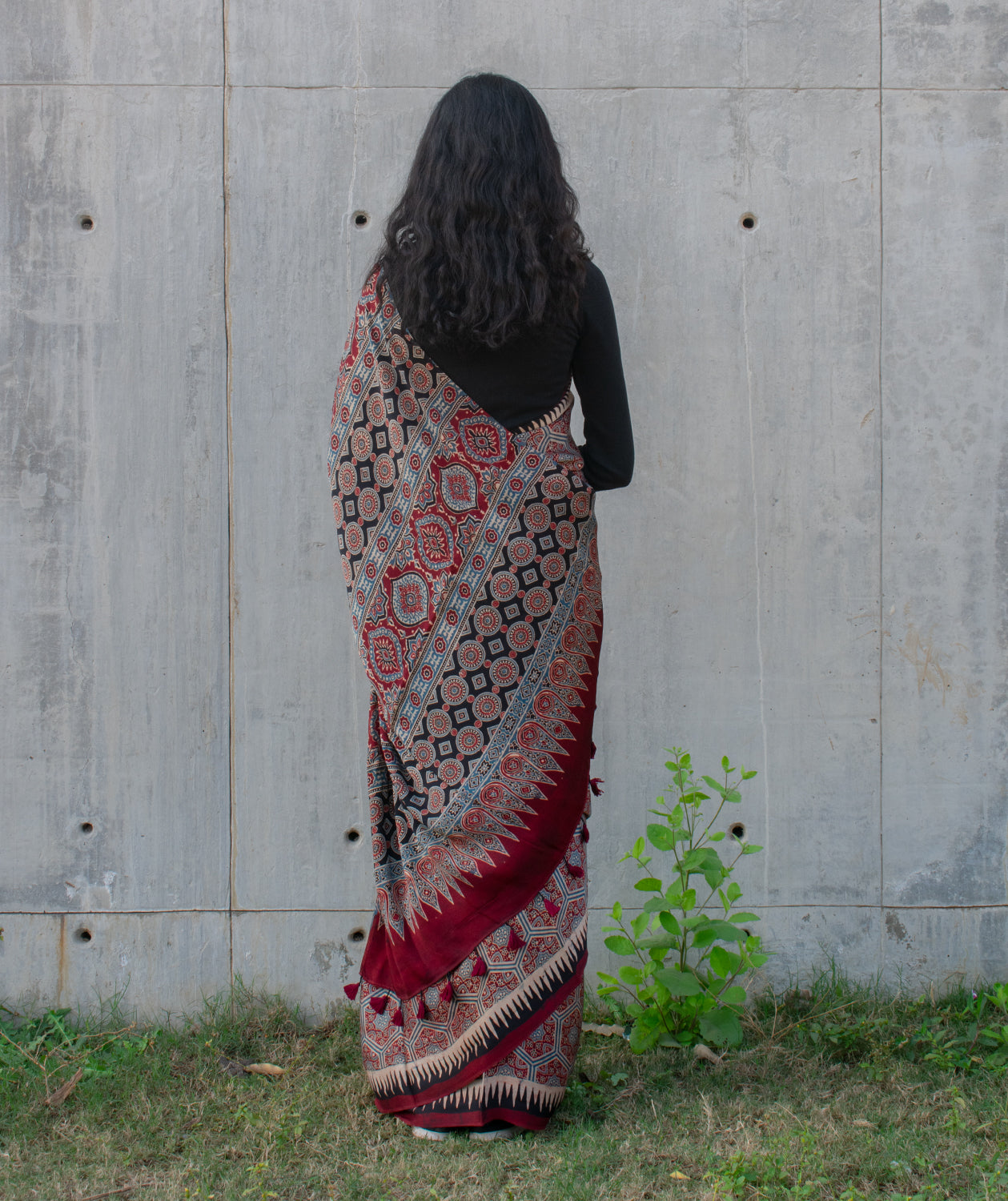 Ajrakh modal silk hand block printed saree