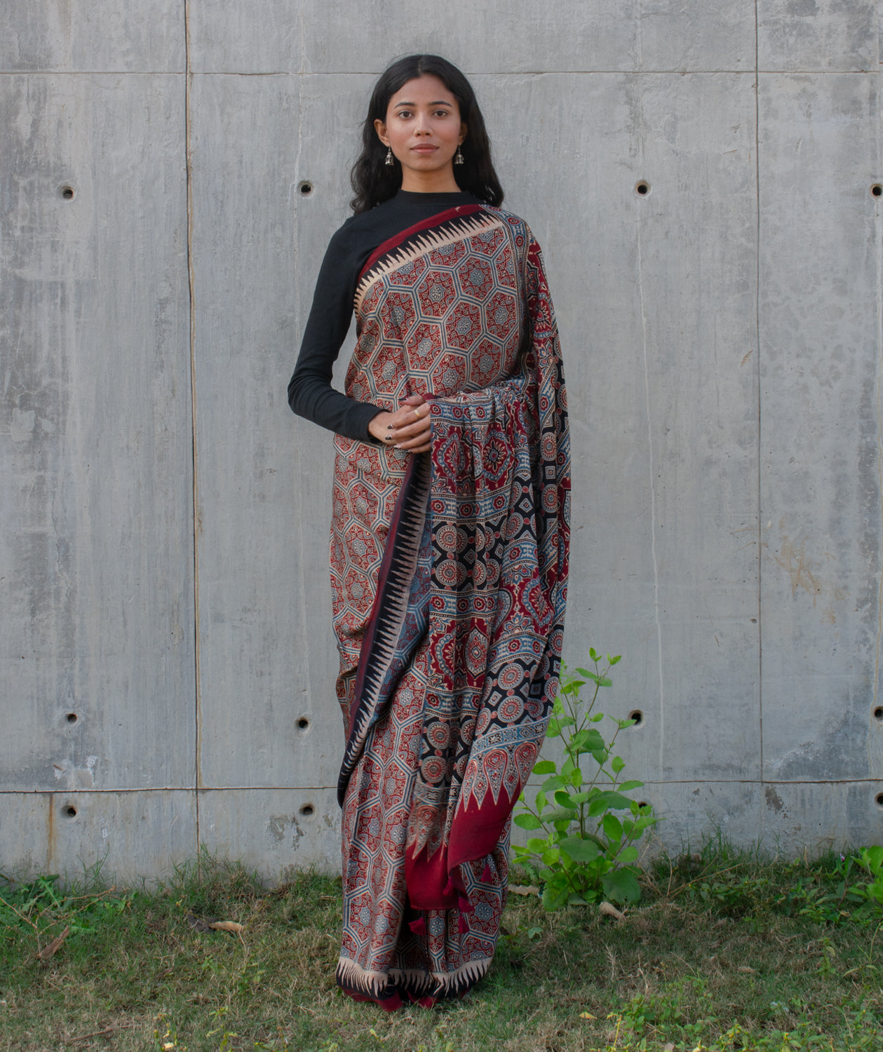 Ajrakh modal silk hand block printed saree