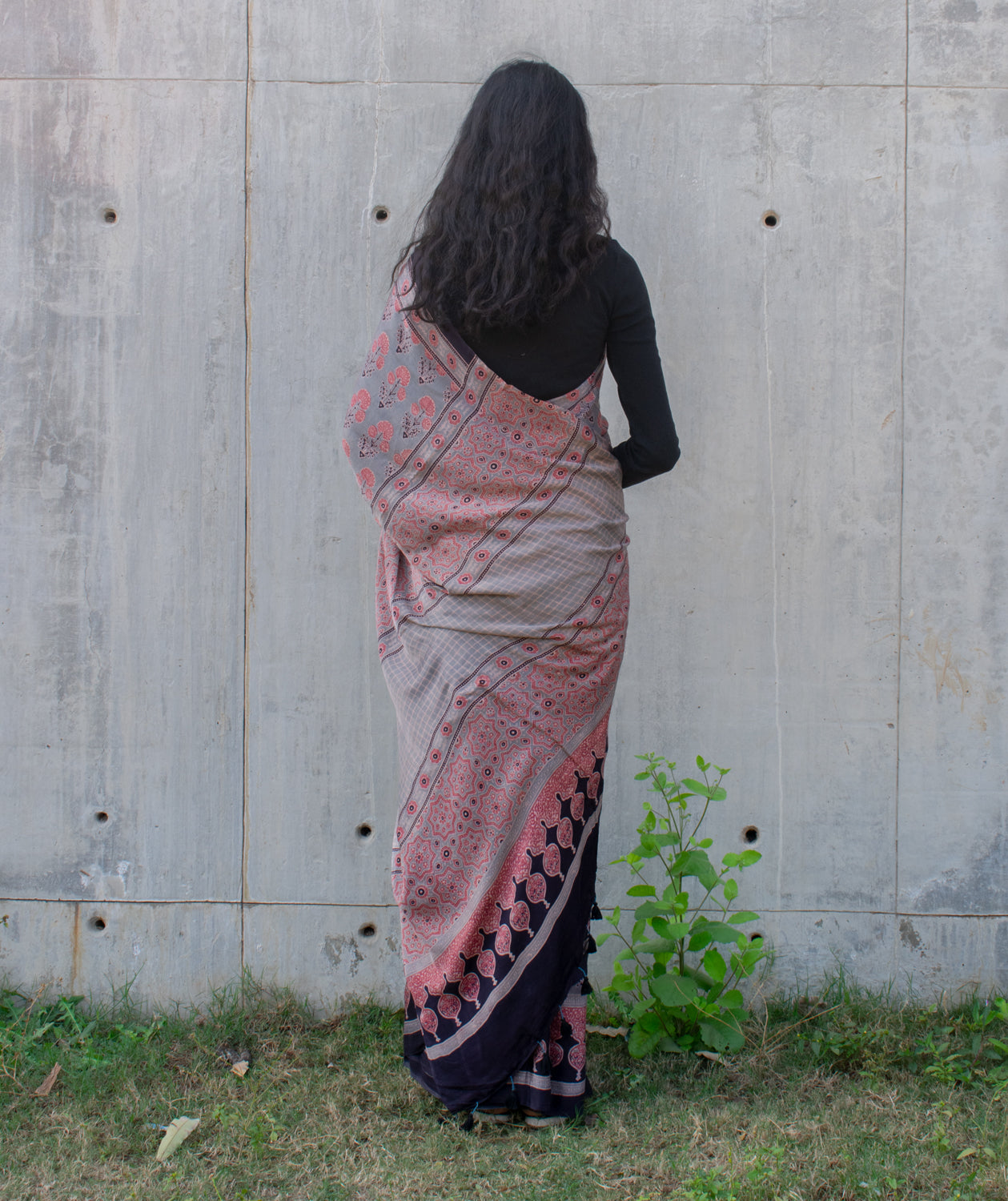 Ajrakh Gajji silk hand block printed saree
