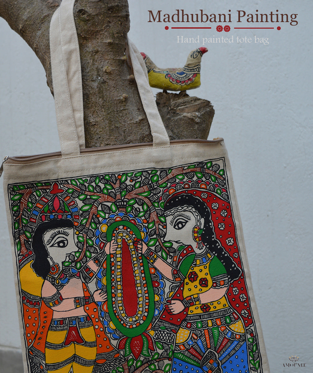 Madhubani Hand Painted Tote Bag – AMOUNEE Handloom Handicraft