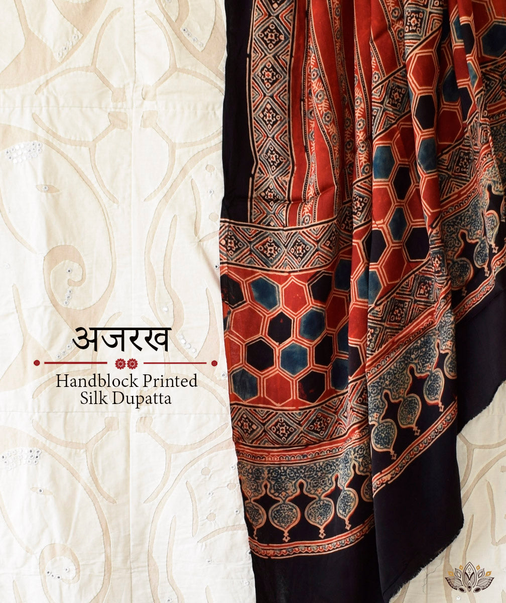 Ajrakh Cotton Silk Dupatta | Authentic Ajrakh Hand Block Printed hot Dupatta | Ajrakh Jaal SiCo Dupatta