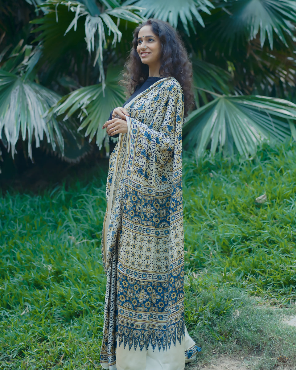 Ajrakh Modal Silk Hand Block Printed Saree