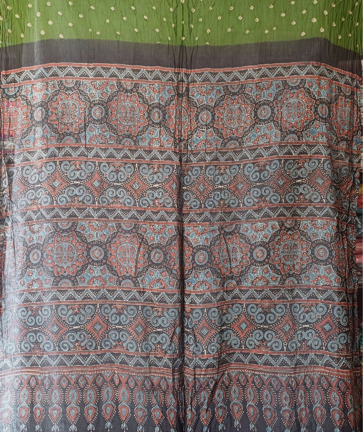 Ajrakh cotton bandhani hand block printed saree