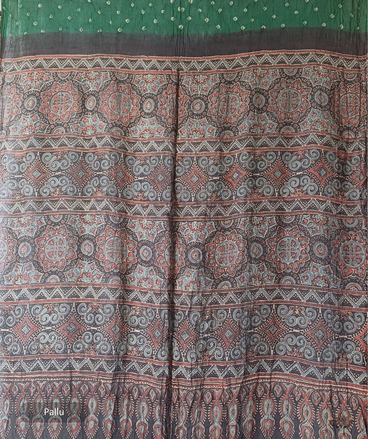 Ajrakh cotton bandhani hand block printed saree