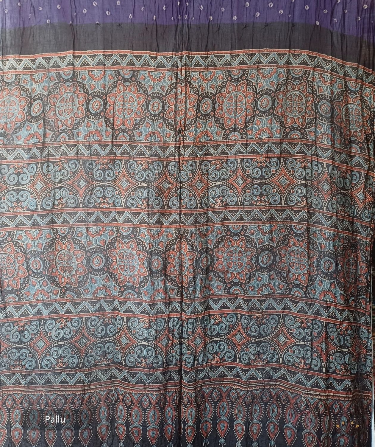Ajrakh cotton bandhani hand block printed saree