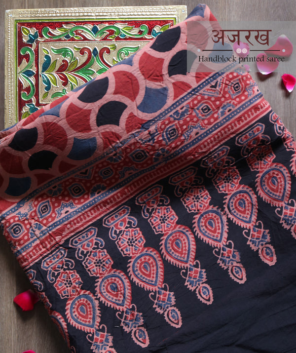 Ajrakh cotton Silk hand block printed saree