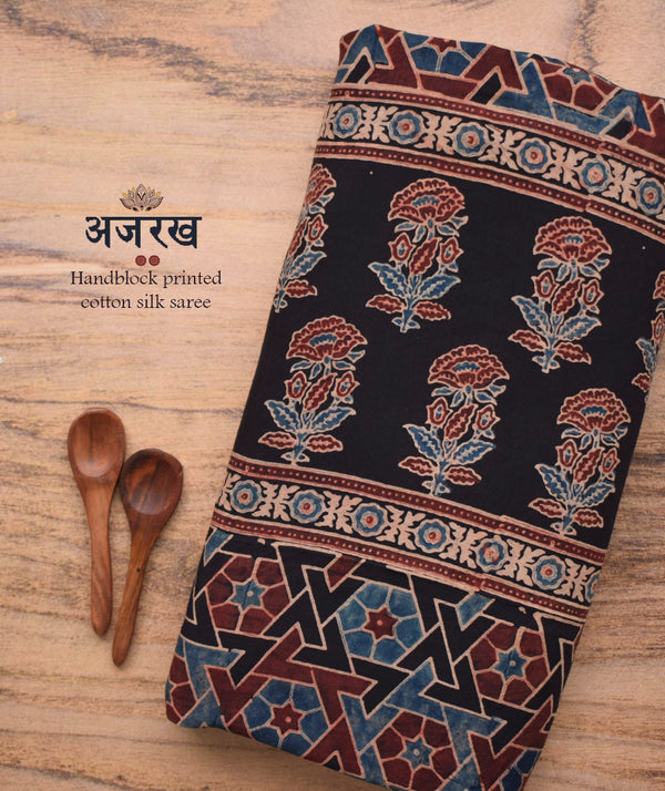Ajrakh cotton Silk hand block printed saree