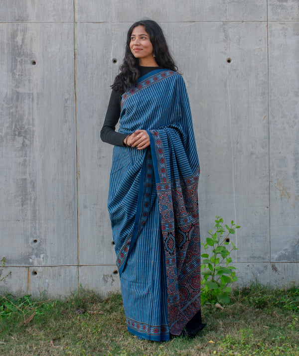 Ajrakh cotton hand block printed saree