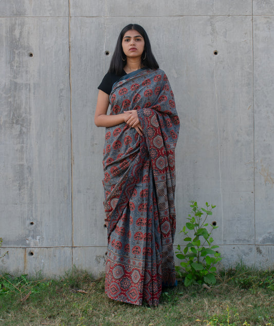 Ajrakh cotton hand block printed saree