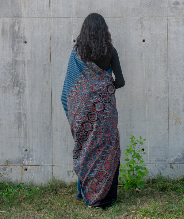 Ajrakh cotton hand block printed saree