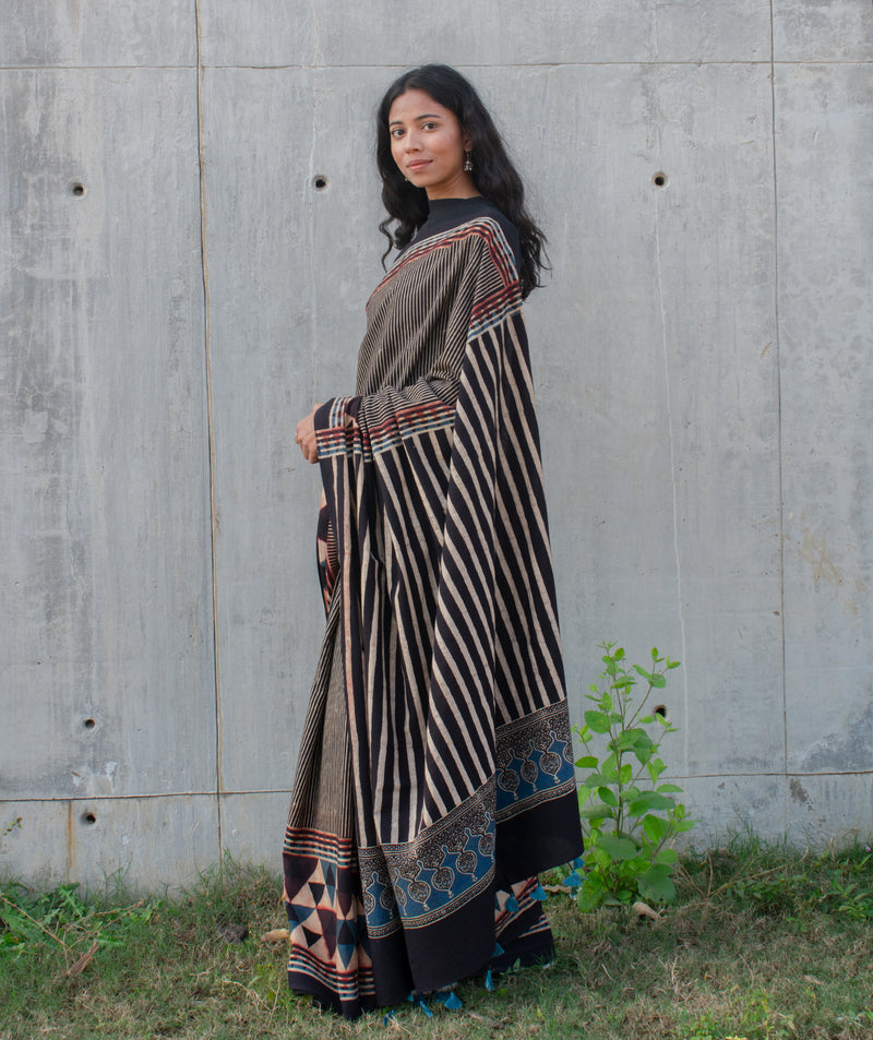 Ajrakh cotton hand block printed saree