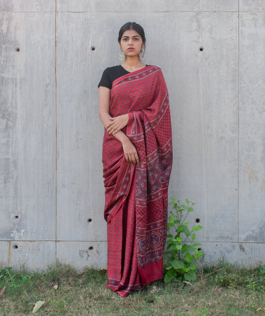 Ajrakh modal silk hand block printed saree