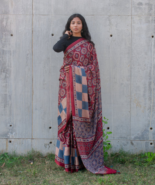 Ajrakh Gajji silk hand block printed saree