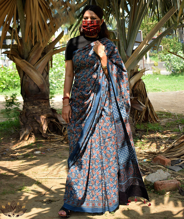 Ajrakh cotton hand block printed saree