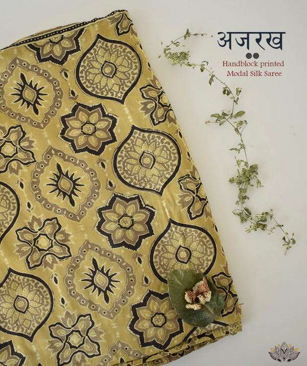 Ajrakh modal silk hand block printed saree