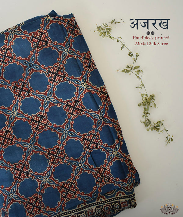 Ajrakh modal silk hand block printed saree