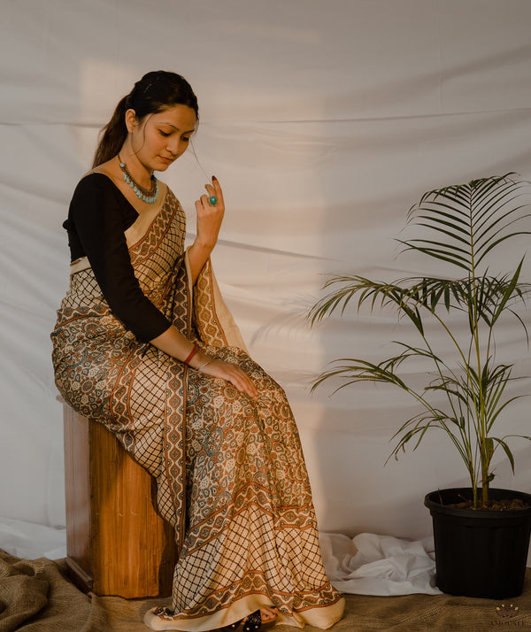 Ajrakh Gajji silk hand block printed saree