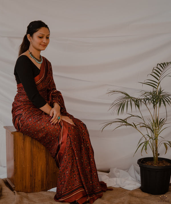 Ajrakh modal silk hand block printed saree