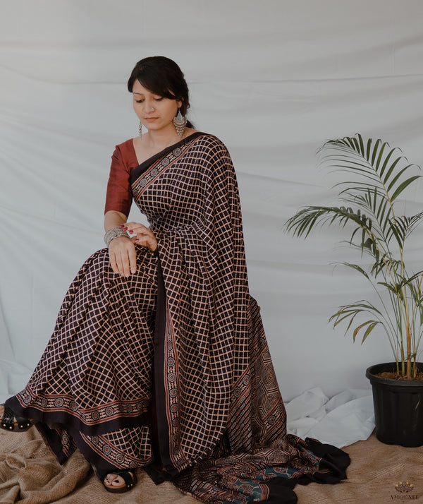 Ajrakh Gajji silk hand block printed saree