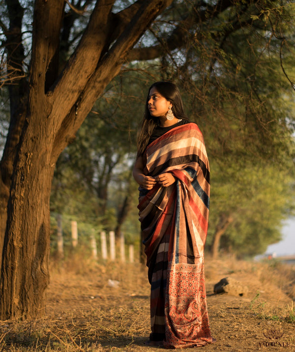 Ajrakh modal silk hand block printed saree