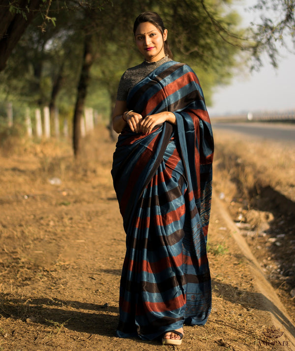 Ajrakh modal silk hand block printed saree