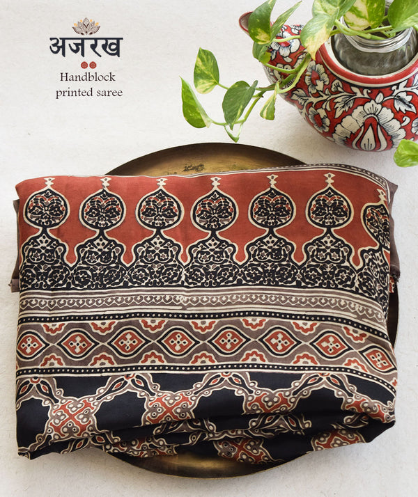 Ajrakh modal silk hand block printed saree