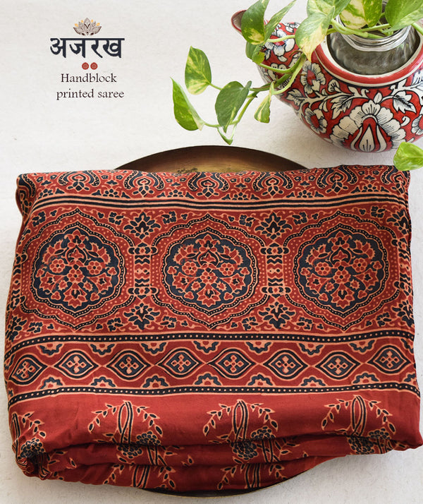 Ajrakh modal silk hand block printed saree