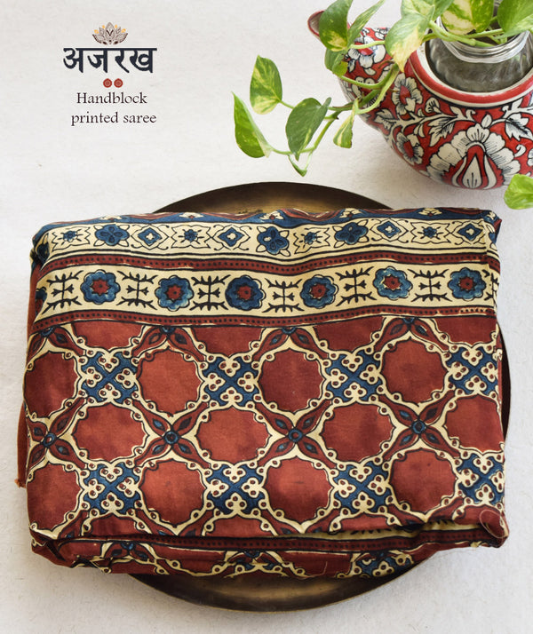 Ajrakh modal silk hand block printed saree