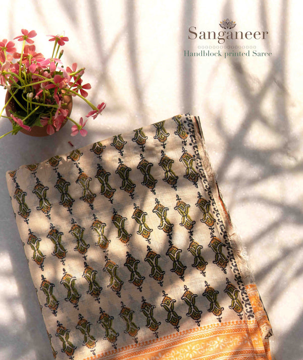 Sanganeer Tussar Handblock Printed Saree
