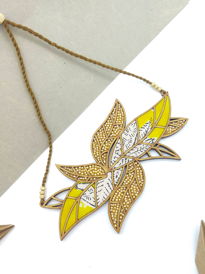 WHE Bloom Leaf Motif Repurposed Fabric and Wood Yellow Necklace