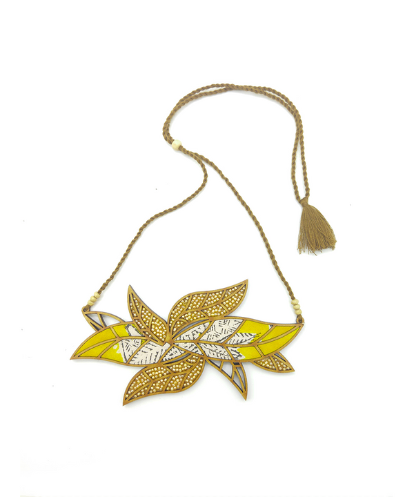 WHE Bloom Leaf Motif Repurposed Fabric and Wood Yellow Necklace