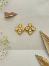 WHE Bloom Leaf Motif Repurposed Fabric and Wood Yellow Stud