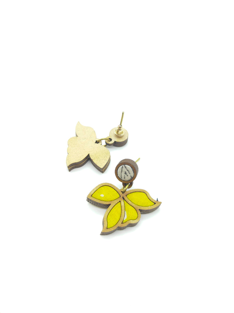 WHE Bloom Leaf Motif Repurposed Fabric and Wood Yellow Earring