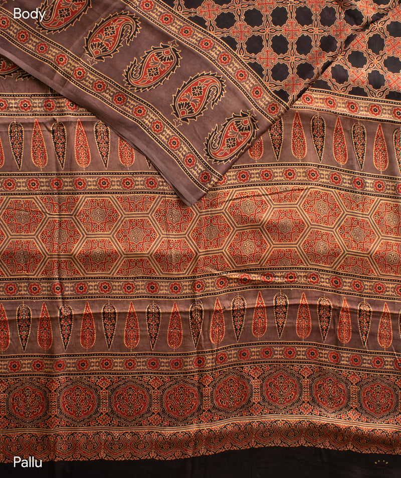 Ajrakh modal silk hand block printed saree