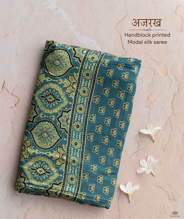 Ajrakh modal silk hand block printed saree