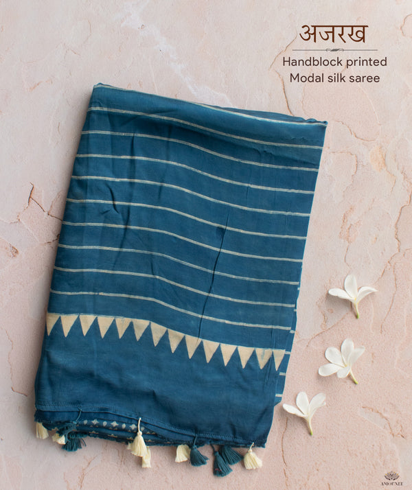 Ajrakh modal silk hand block printed saree