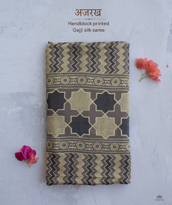 AJRAKH GAJJI SILK HAND BLOCK PRINTED SAREE