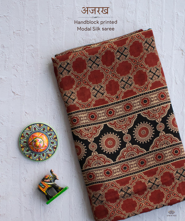AJRAKH MODAL SILK HAND BLOCK PRINTED SAREE
