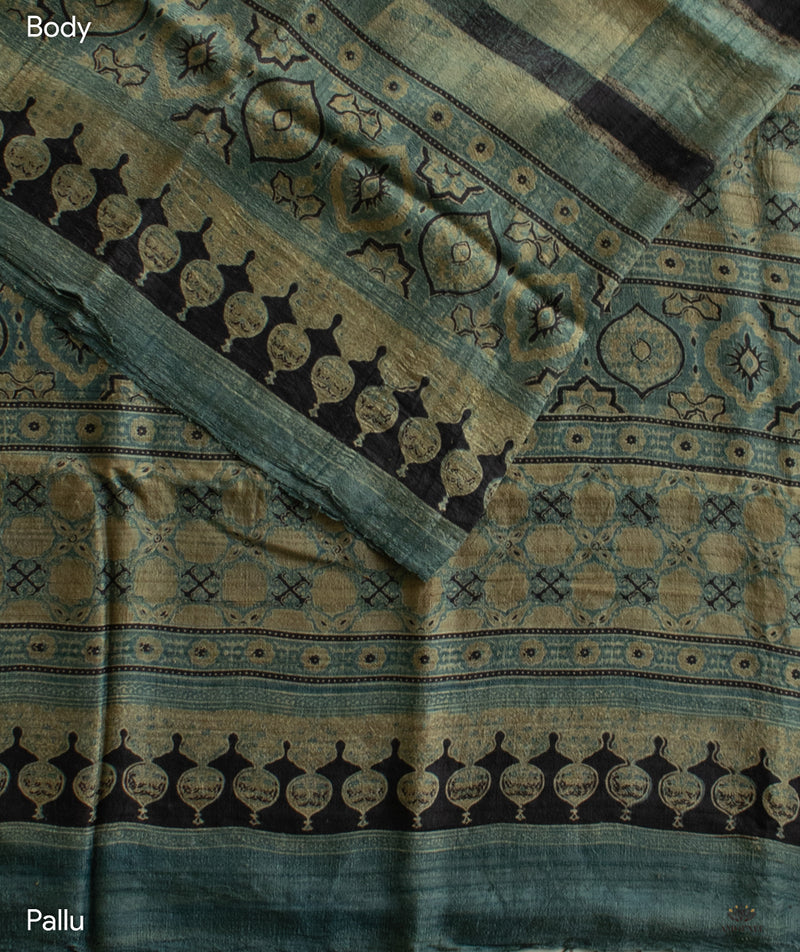 AJRAKH DUPION SILK HAND BLOCK PRINTED SAREE