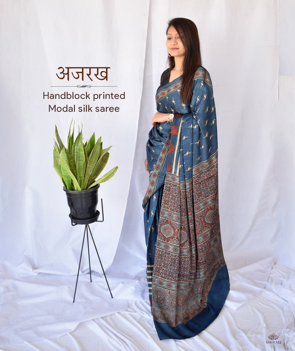 AJRAKH MODAL SILK HAND BLOCK PRINTED SAREE