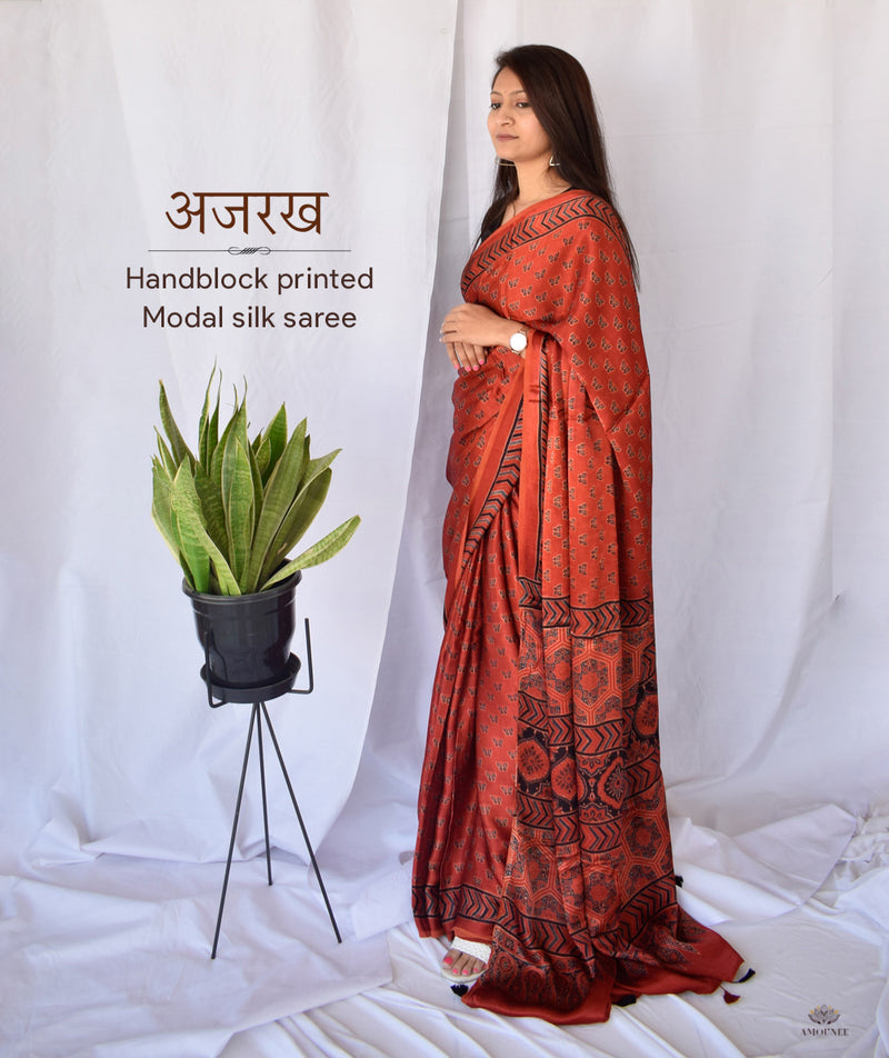 AJRAKH MODAL SILK HAND BLOCK PRINTED SAREE