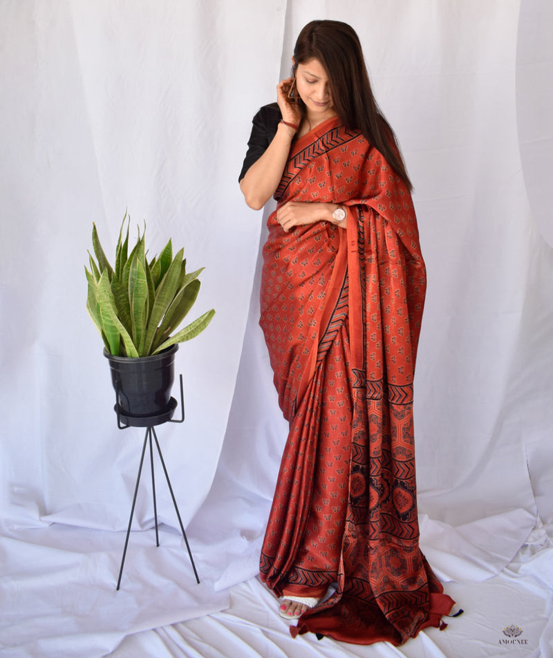 AJRAKH MODAL SILK HAND BLOCK PRINTED SAREE