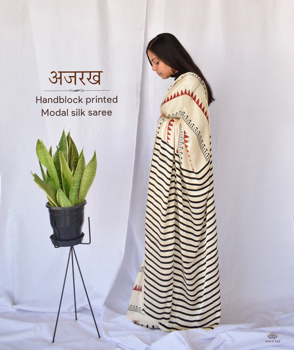 AJRAKH MODAL SILK HAND BLOCK PRINTED SAREE