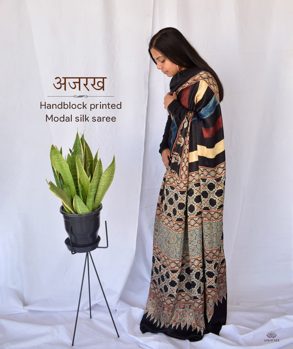 AJRAKH MODAL SILK HAND BLOCK PRINTED SAREE