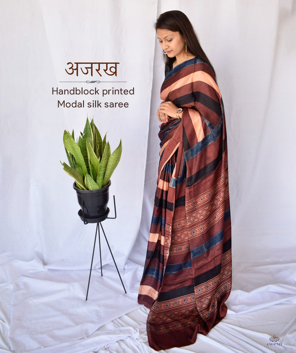 AJRAKH MODAL SILK HAND BLOCK PRINTED SAREE
