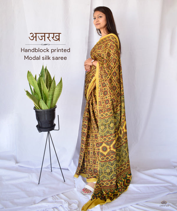 AJRAKH MODAL SILK HAND BLOCK PRINTED SAREE