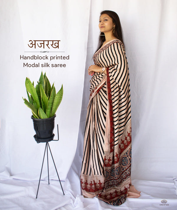 AJRAKH MODAL SILK HAND BLOCK PRINTED SAREE