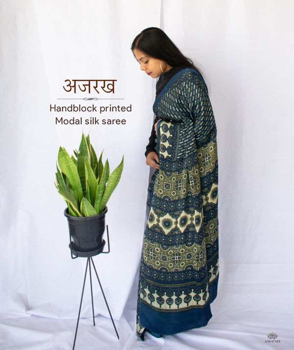 AJRAKH MODAL SILK HAND BLOCK PRINTED SAREE