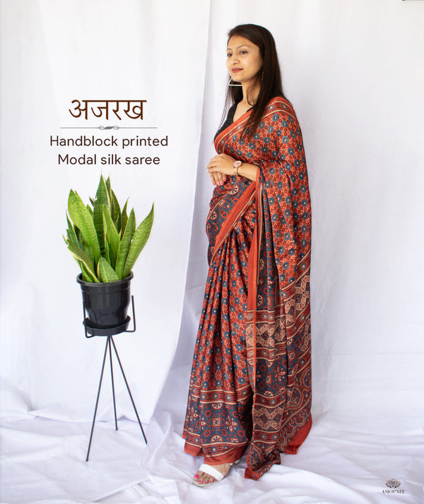 AJRAKH MODAL SILK HAND BLOCK PRINTED SAREE